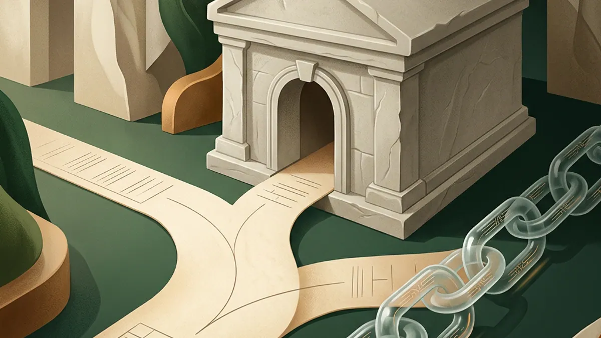 A green paper transfer path dividing into a bank-shaped stone block and an irreversible glass ledger chain.