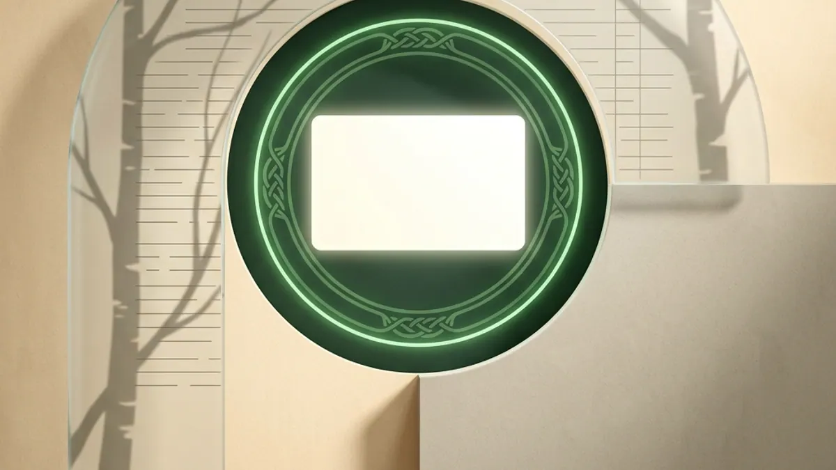 A blank digital identity card inside a green security ring, soft birch tree shadows