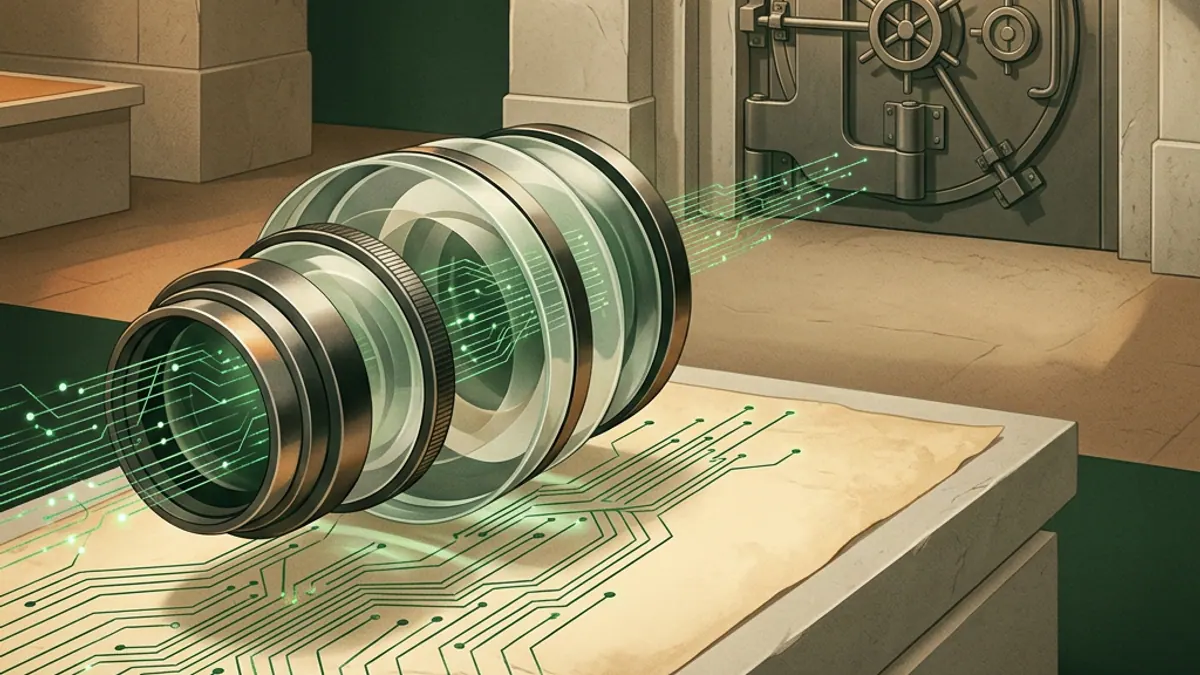 A digital graphic showing a path of ledger lines being tracked by a glass lens, with a padlock symbol at the end of the transaction flow.