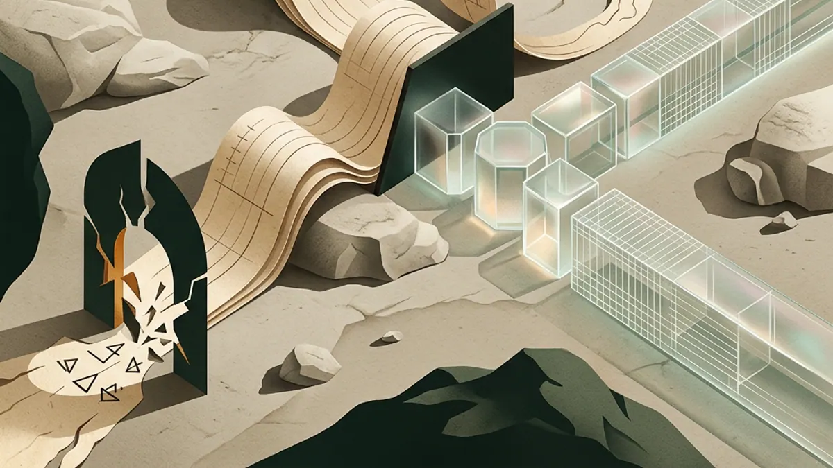 A paper bank-payment path bending back beside a fixed glass blockchain line, mountain shadow