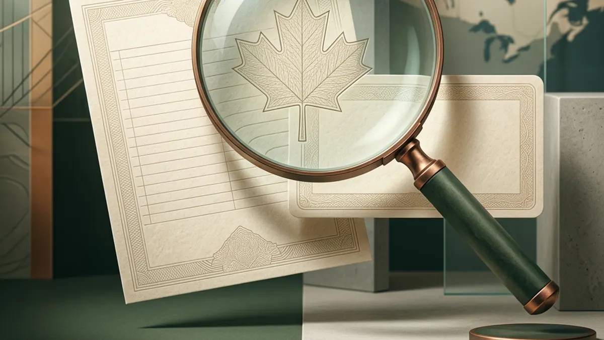 A magnifying lens over a blank registry card and separate domain card, maple outline in soft light