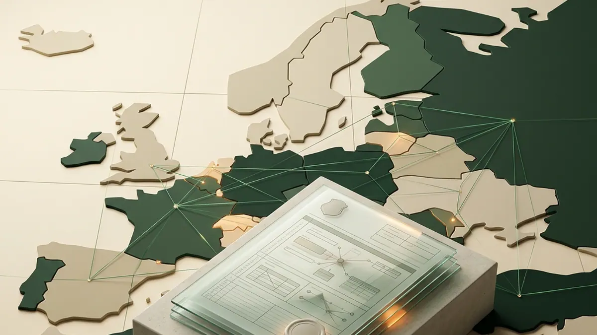 An abstract graphic depicting a line connecting a small local house to a larger European structure, representing the reporting flow.