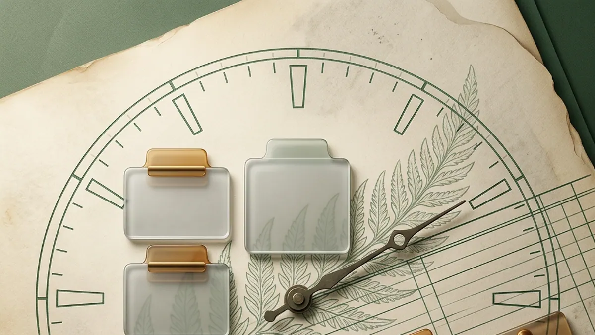 Neatly arranged blank evidence tabs, clock dial and green ledger lines with subtle fern leaf silhouette.