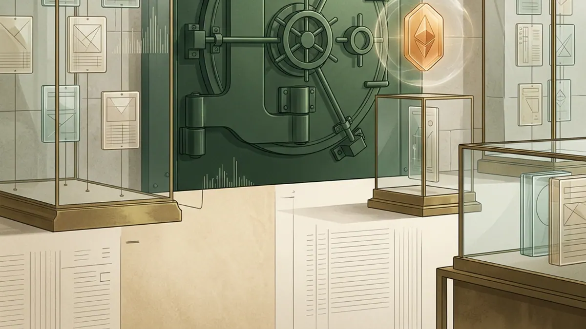 A closed green vault with transparent fictitious balance tiles and a suspended amber payment token.