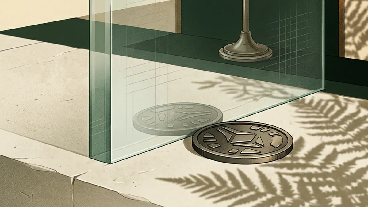 A brass key behind an unbroken glass barrier, an extra payment token stopped at the edge, fern shadow.
