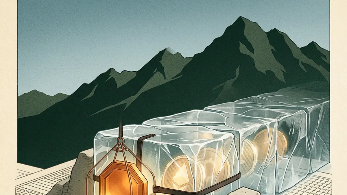 A frozen transparent withdrawal bridge, an amber fee token and a Norwegian mountain silhouette.