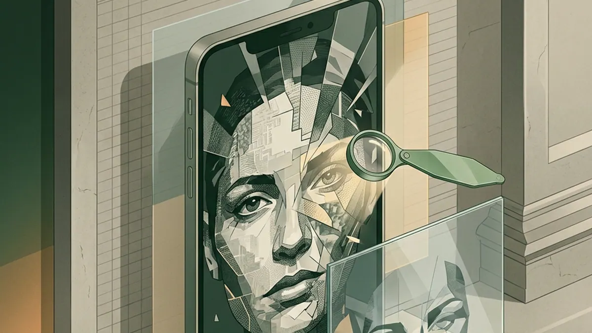 A plain portrait screen with a misaligned translucent reflection and a green verification loupe