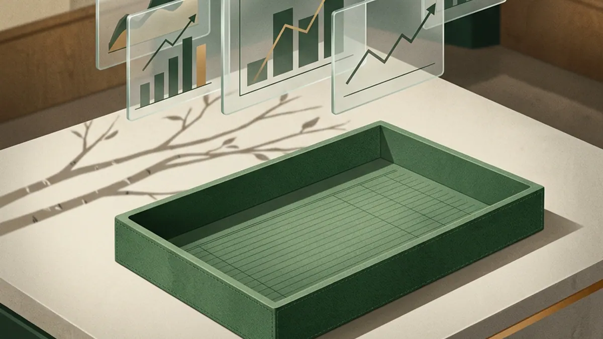 Transparent profit chart tiles hovering above an empty green ledger tray, birch shadows
