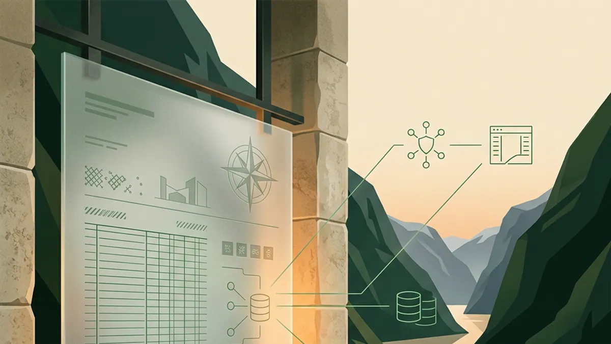 A frosted registry panel against an abstract Norwegian fjord silhouette, fine green network lines.