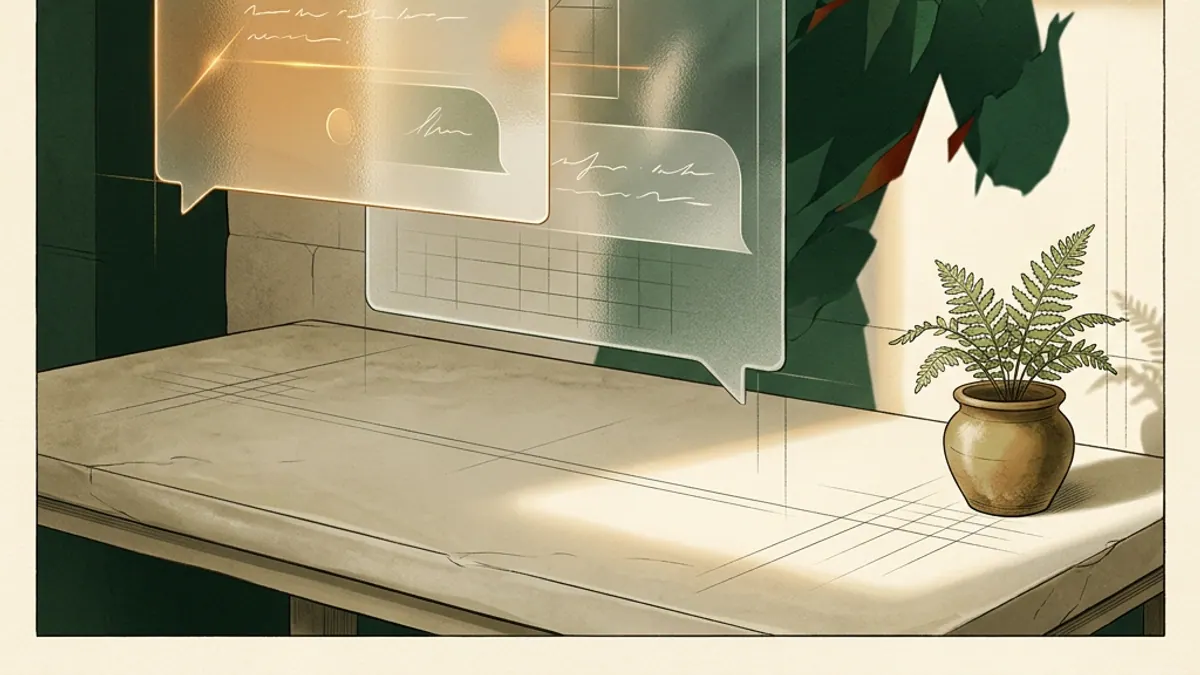Two translucent conversation windows, one casting a misleading duplicate shadow, small fern in warm daylight.