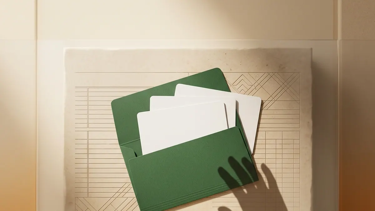 Blank identity cards protected by a green folder on warm Maltese limestone, with a detached shadow of a hand.