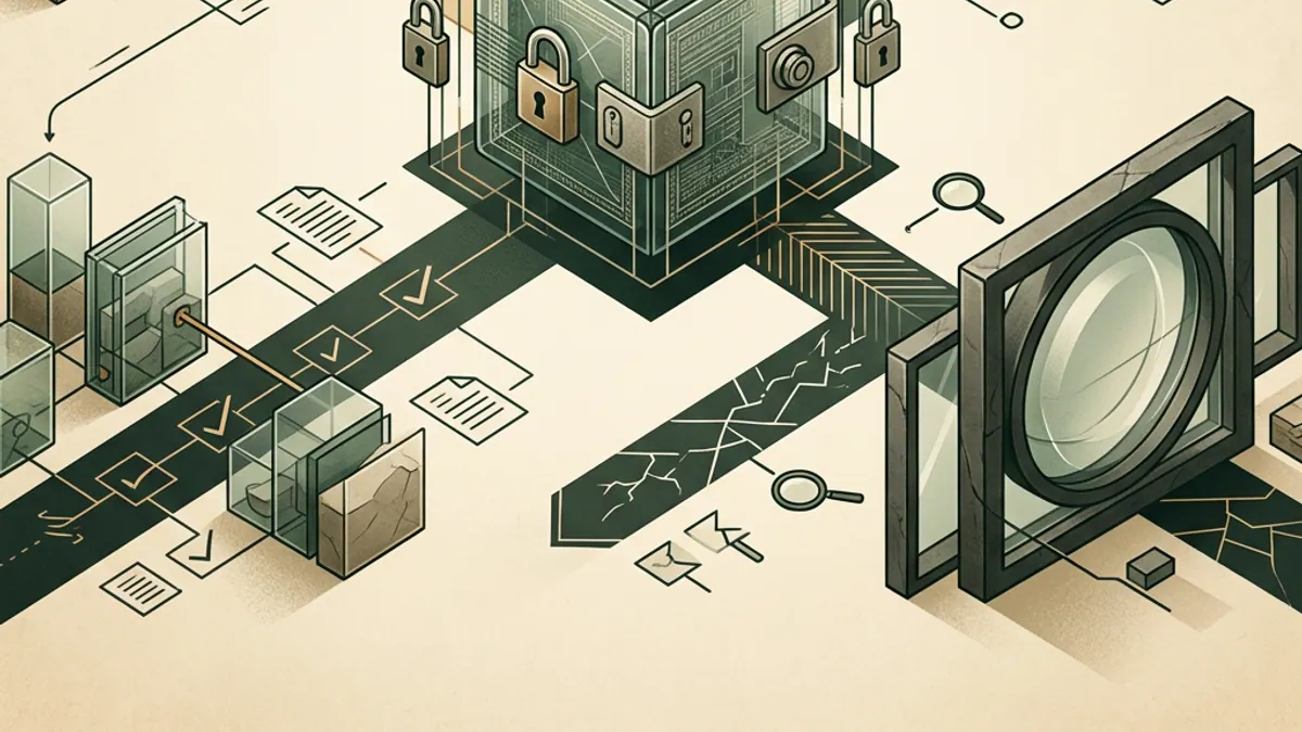 Two separate paths from a locked glass wallet, one to a verified support folder and one to an evidence lens
