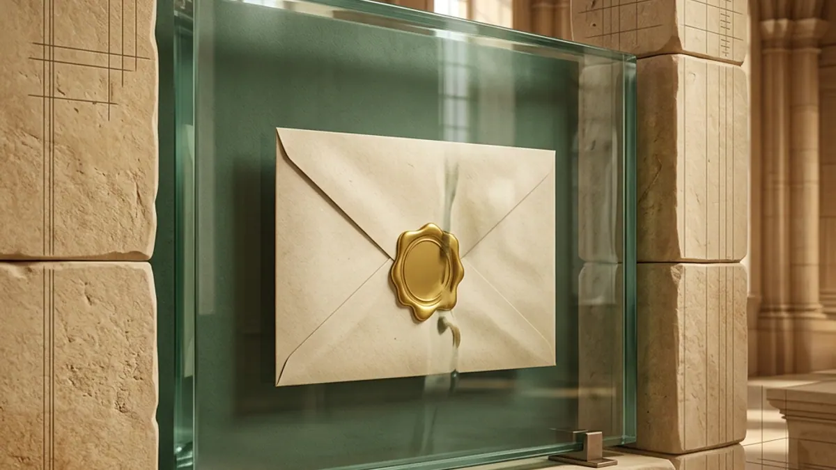 An unbranded official-looking envelope with a false gold seal behind glass, against a Maltese limestone backdrop.