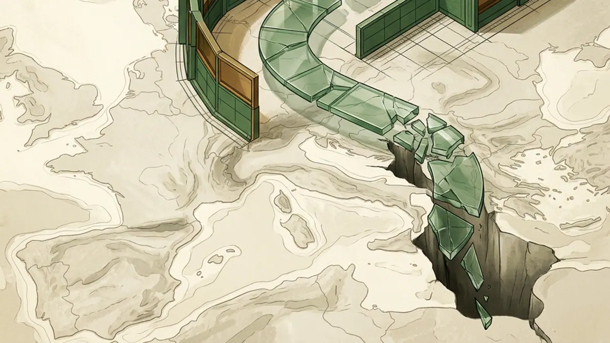 A conceptual illustration showing a digital asset navigating a maze of regulatory guidelines, with a glass barrier protecting the path.