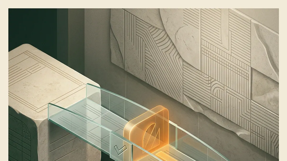 A glass bridge between two wallet forms with a blocked amber arrow, using Maltese limestone and green ledger motifs.