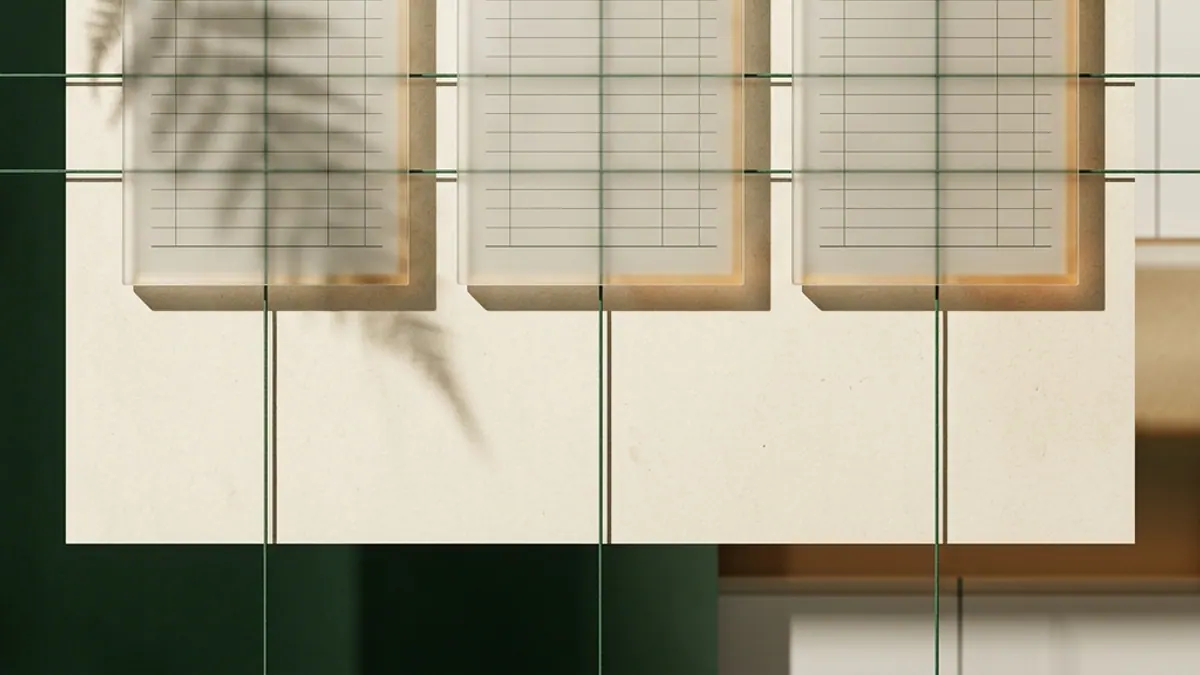Three separate frosted glass registry cards separated by fine green threads, fern shadow on cream paper.
