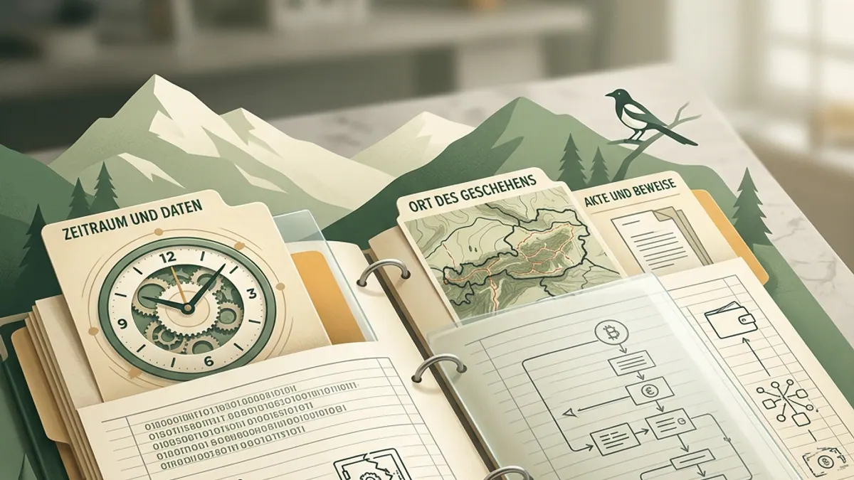 An orderly evidence binder with clock and map tabs, restrained green Austrian alpine contour