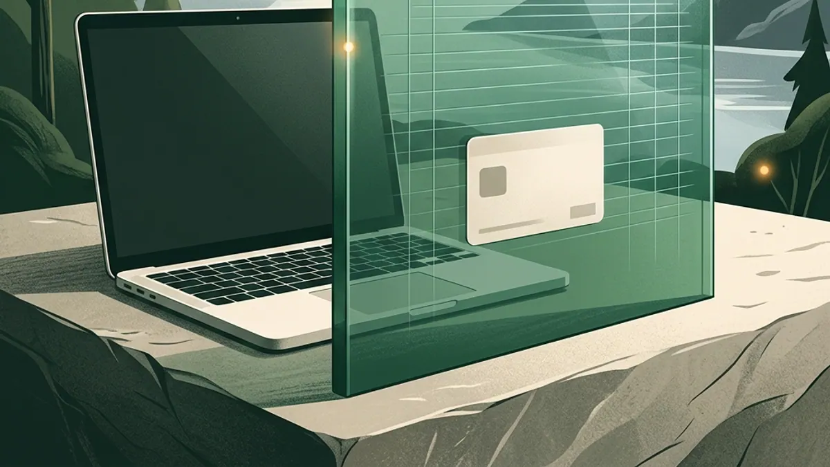 A laptop and a blank identity card separated by a protective green glass screen with cool fjord light.
