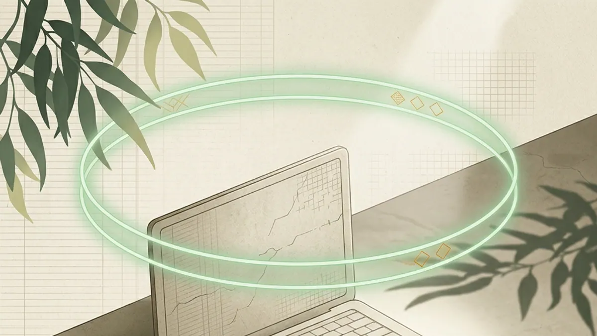 A closed laptop with a disconnected translucent cable, eucalyptus shadows and a soft green security ring.