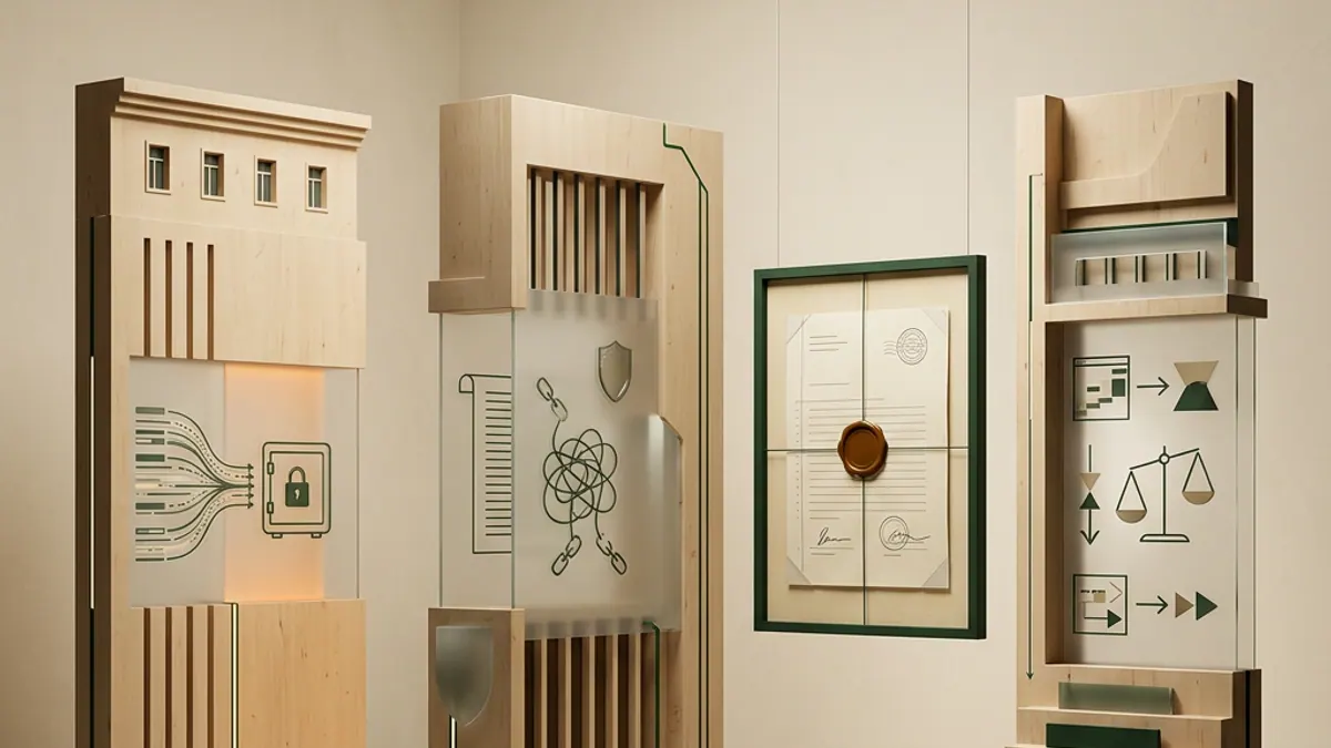 Three birch-toned evidence dividers with green connecting lines and a sealed document