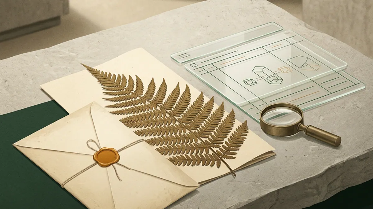 A folded fern leaf alongside a sealed evidence envelope and a minimal secure digital ledger on a limestone desk.