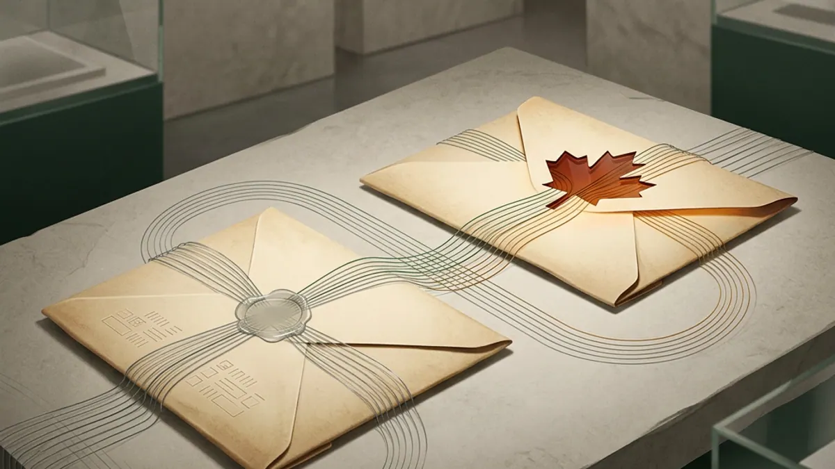 A pair of sealed evidence envelopes connected by ledger lines with a maple leaf cutout