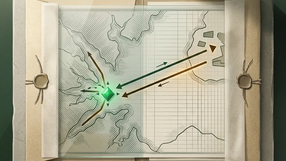 A sealed evidence folder with lines crossing an abstract fjord map and returning to a green local marker.
