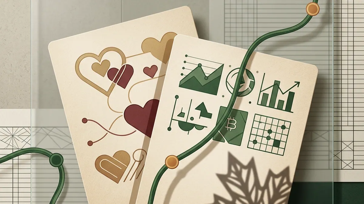 Two overlapping message cards connected to a green token trail, maple leaf shadow on parchment