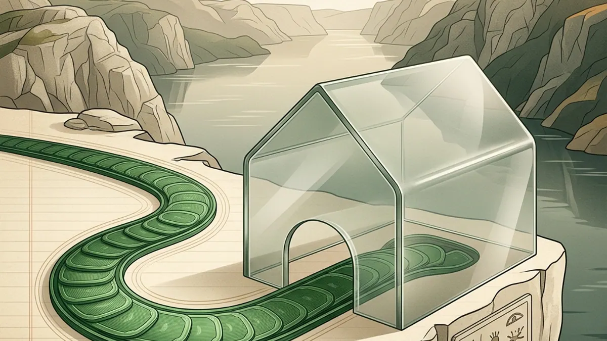 A green token path diverted by a false shelter-shaped glass object in a quiet fjord scene.