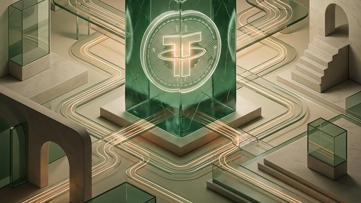 A conceptual image showing a translucent stablecoin token trapped behind a glass block, while other paths around it remain open.
