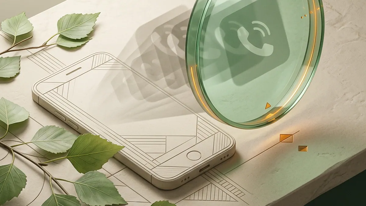 An unbranded phone with a faint duplicated call shadow, birch leaves and green verification lens