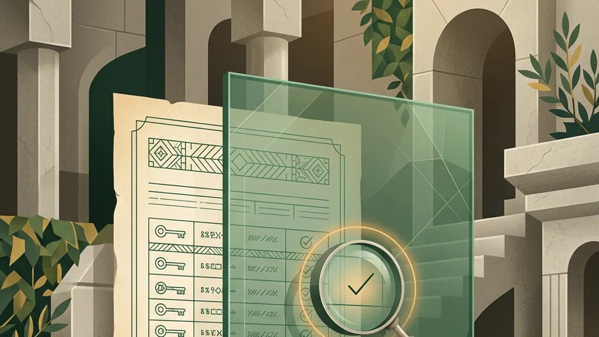 A registry card viewed through glass with Maltese limestone architecture in the background, using green accents.