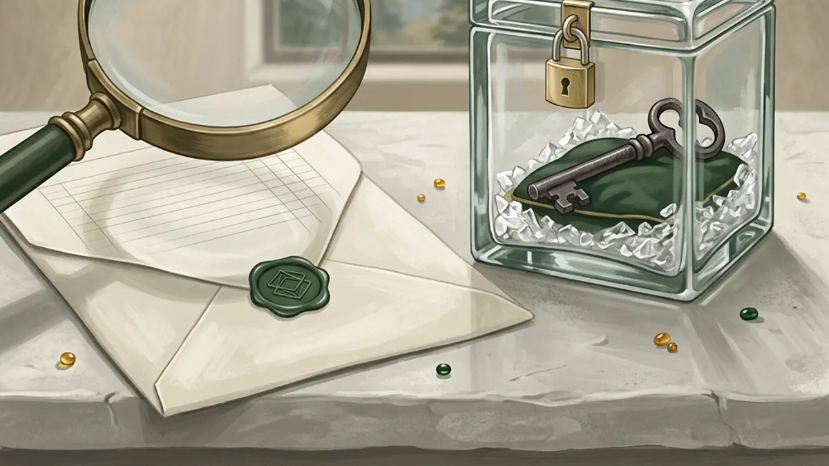 A magnifying glass above a plain engagement document and a locked glass key container
