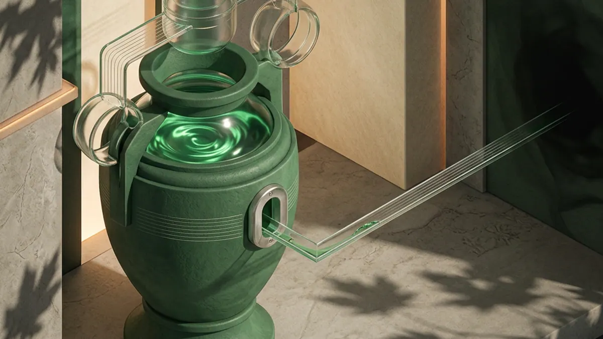 A green token vessel with one thin permission channel leading away, transparent controls and maple shadow