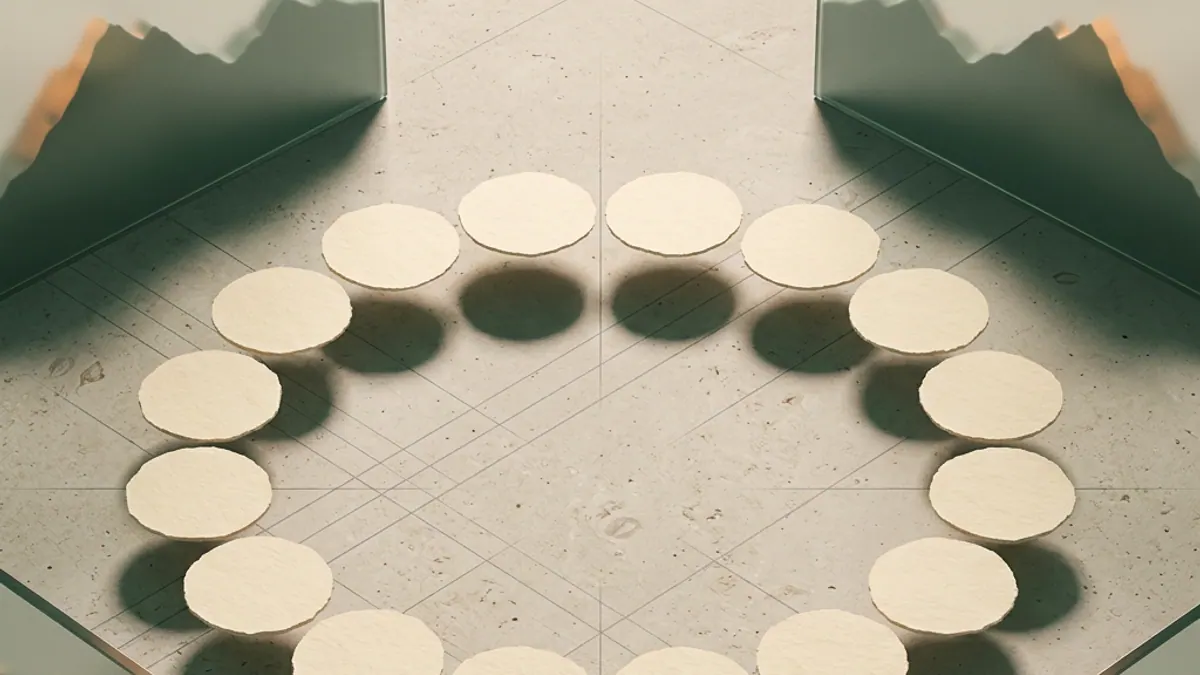 A circle of blank conversation cards all casting the same shadow, delicate Austrian mountain contour